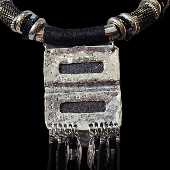 PARIS Necklace Tribal Ethnic Statement Black & Silver Solid Reversible 2… - Picture 9 of 12